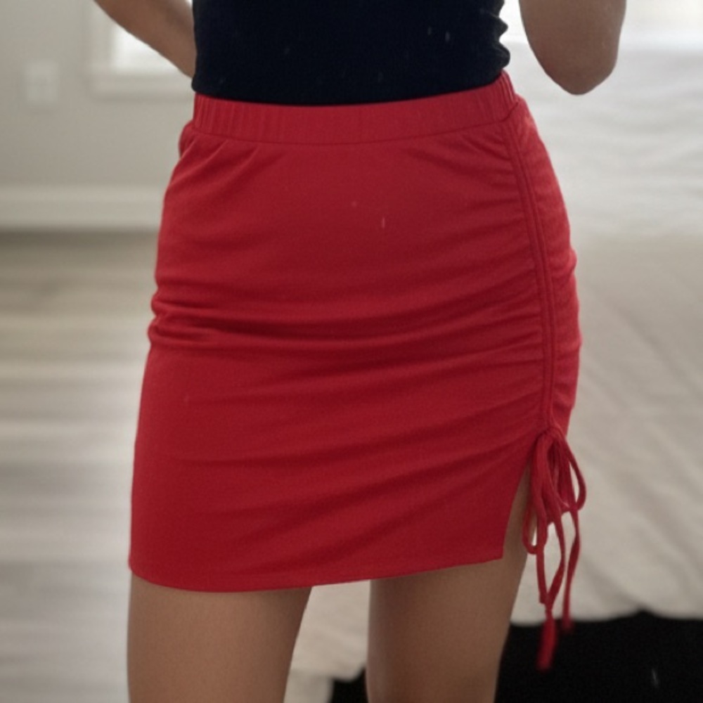 Red Pencil Skirt with Ruched Detail